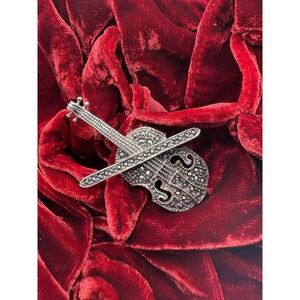 Vtg 925 Sterling Silver Brooch Sparkling Natural Stone Marcasite Cello Violin